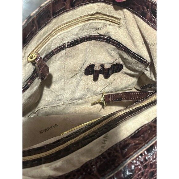 BRAHMIN Purse Croc Embossed Leather Shoulder Handbag Brown Green Chain Turn Lock - Picture 11 of 16